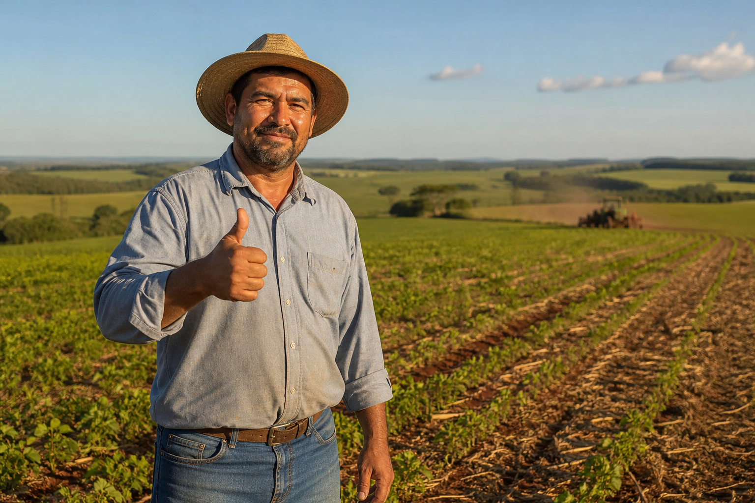 Produtor rural em uma fazenda fazendo sinal de positivo